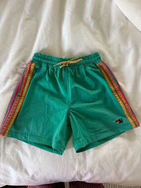 Aviator Nation Kids Swim Trunks Teal with Rainbow Side Stripes